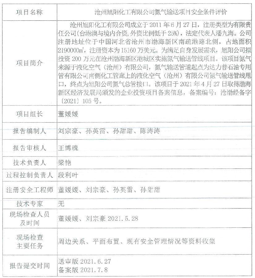 沧州旭阳化工有限公司氮气输送项目安全条件评价