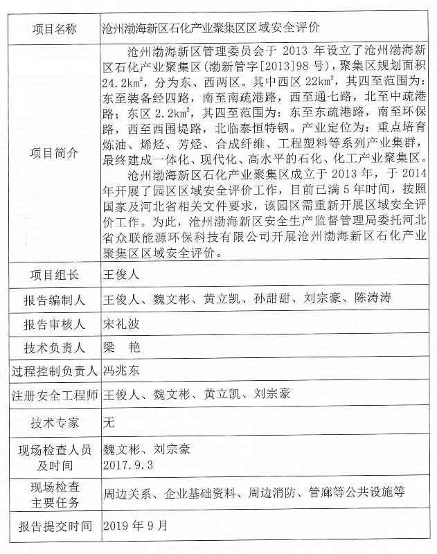 沧州渤海新区石化产业聚集区区域安全评价