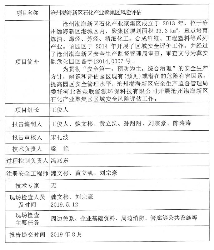 沧州渤海新区石化产业聚集区风险评估